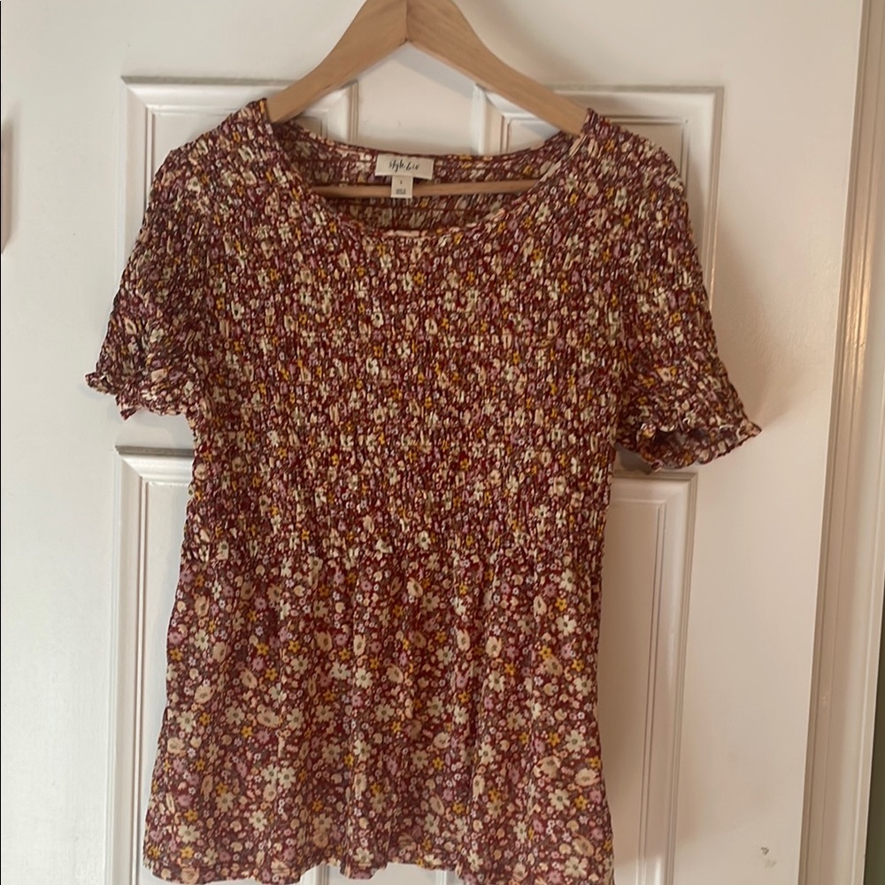 Style & Co. Brown Flutter Sleeve Smocked Blouse
